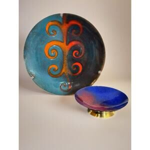 Atomic MCM Enamel Copper Dishes Ashtrays Catch All Abstract Color 1950s Lot (2)